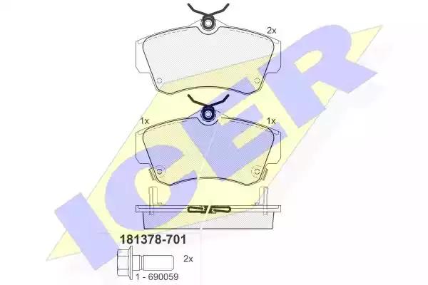 Комплект гальмівних накладок, дискове гальмо 181378701 ICER