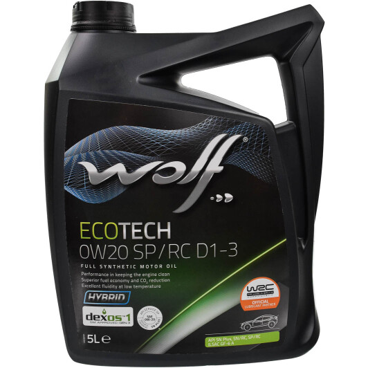 Моторна олива wolf ecotech sp/rc d1-3, 0w-20, 5л 1049892 WOLF