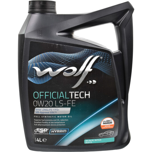 Моторна олива wolf officialtech ls-fe, 0w-20, 4л 8339370 WOLF