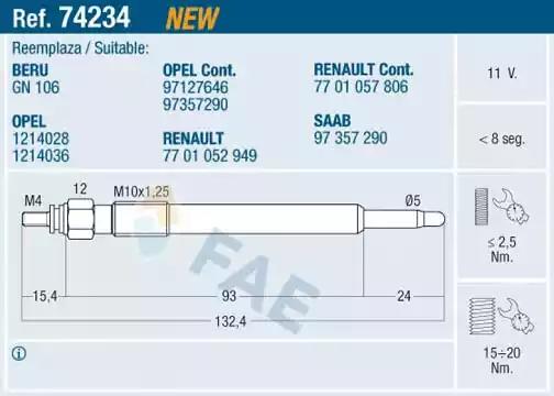 Свеча накаливания 74234 FAE