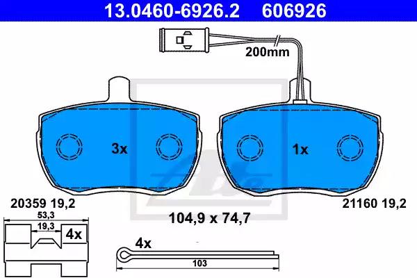 Комплект гальмівних накладок, дискове гальмо 13046069262 ATE