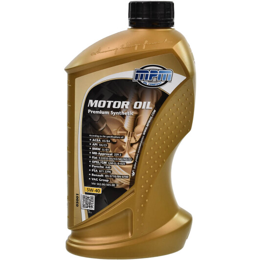 Моторна олива mpm premium synthetic / 5w40 / 1л. / acea a3/b4 api cf/sn vw 502.00 /... 05001 MPM