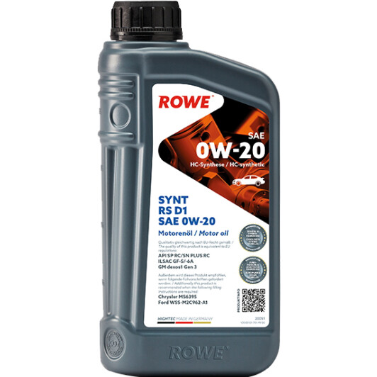 Олива моторна hightec synt rs d1 sae 0w-20 1 l 20051001099 ROWE