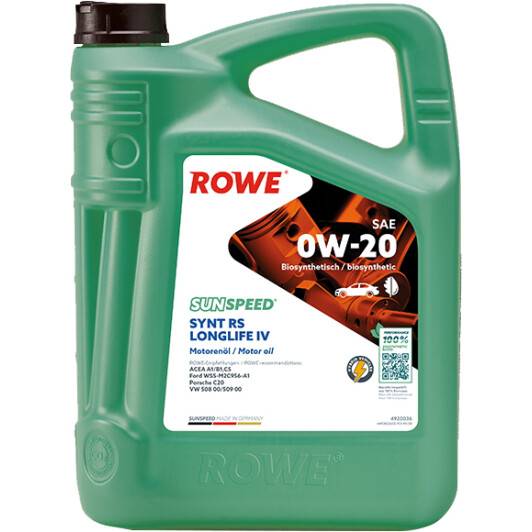 Олива моторна sunspeed synth rs longlife iv sae 0w-20 5 l 4920036005099 ROWE