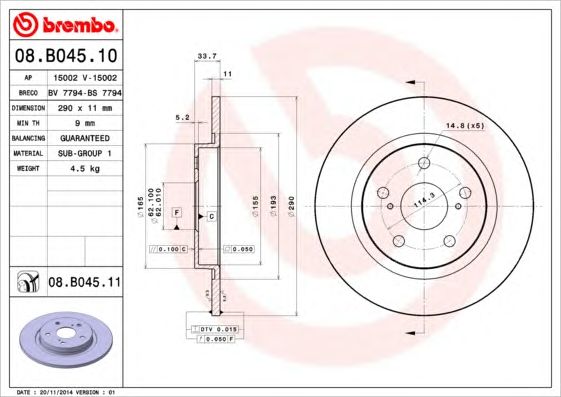 Гальмівний диск зад. avensis 08- 290x11 08B04510 BREMBO
