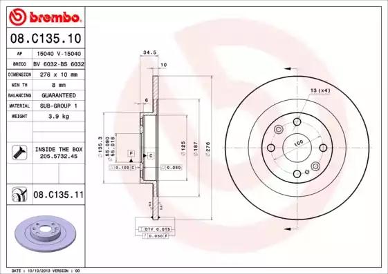 Тормозной диск 08C13511 BREMBO