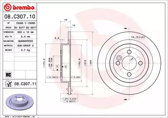 Tarcza hamulc. mini cooper 06-13 tył 08C30711 BREMBO