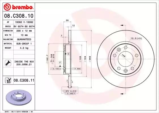 Тормозной диск brembo 08C30811 BREMBO