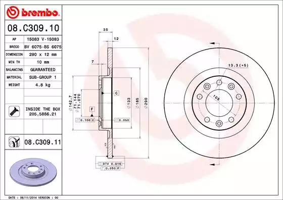 Гальмівний диск зад. c4 06-/jumpy iii/expert 16-/vivaro c 19-/308 13-/3008/4008 16-... 08C30911 BREMBO