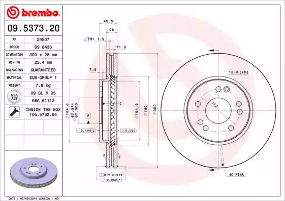 Тормозной диск 09537320 BREMBO