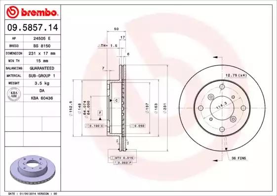 Тормозной диск 09585714 BREMBO