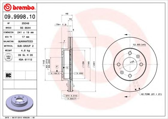 Гальмівний диск пер. getz/tb/click 01-12 09999810 BREMBO