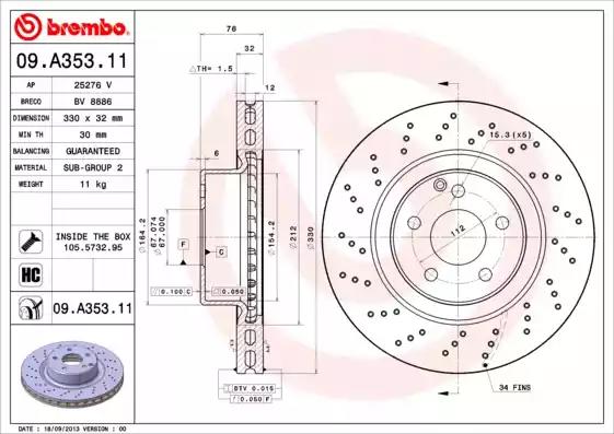 Гальмівний диск пер. w220 98-/c215 99- 330x76mm1шт/уп 09A35311 BREMBO