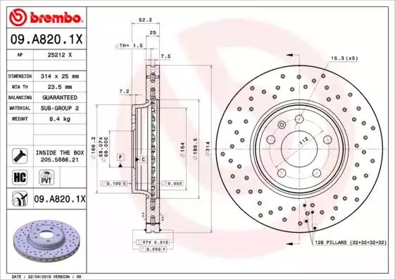 Гальмівний диск пер. a4 b8 08-/a4 b9 15-/a5 07- 314x52mm1шт/уп 09A8201X BREMBO