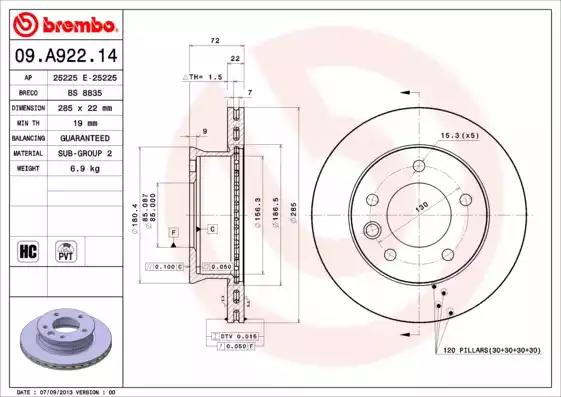 Тормозной диск 09A92214 BREMBO