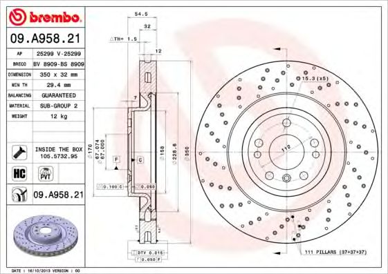 Гальмівний диск пер. mb m-class w166 11-15 09A95821 BREMBO