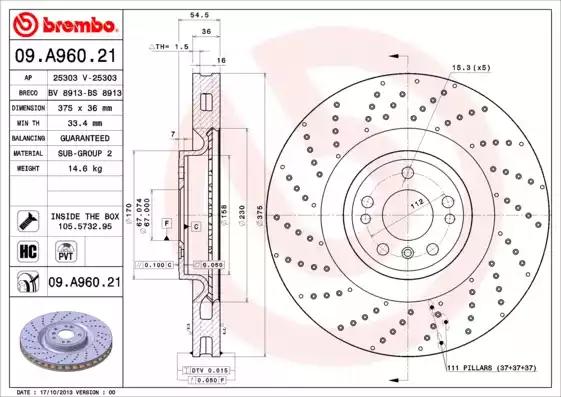 Гальмівний диск пер. mb m-class w166 11-15 09A96021 BREMBO