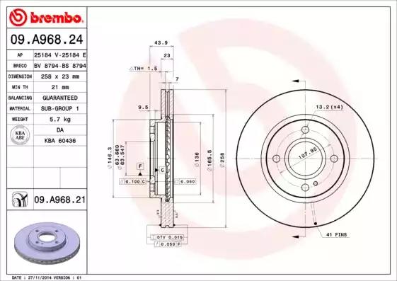 Гальмівний диск пер. fiesta 08- 258х23 09A96821 BREMBO