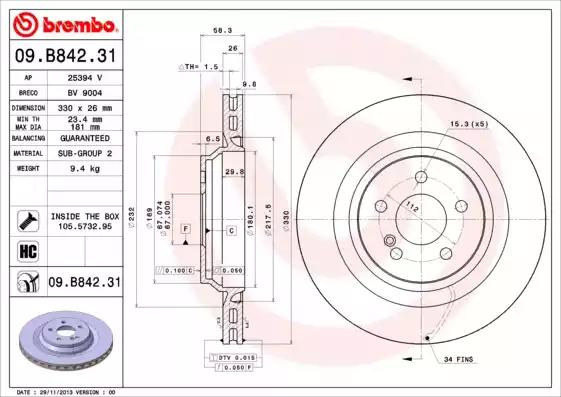 Тормозной диск 09B84231 BREMBO