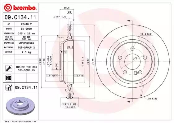 Tarcza hamulc. mercedes w220 s-klasa  99-05 tył 09C13411 BREMBO