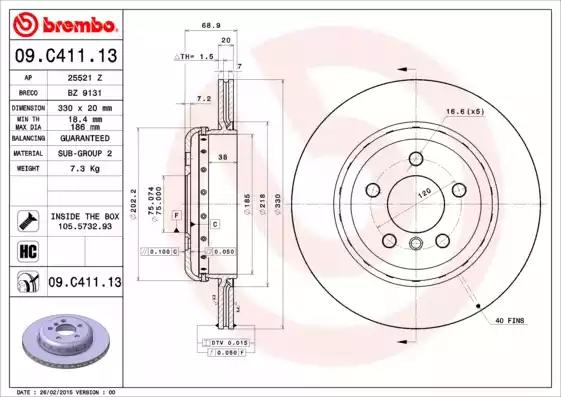 Гальмівний диск зад. bmw 5 f10 f11 09- 330x69mm1шт/уп 09C41113 BREMBO