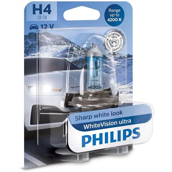 Автолампа h4 b1 12 v60/55w p43t-38 whitevision ultra +60% 4200k 1 шт. в блістері 12342WVUB1 PHILIPS
