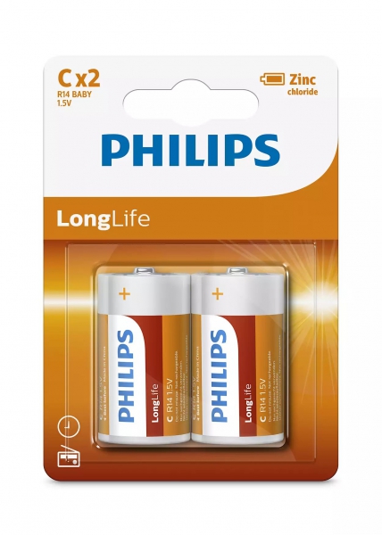 Батарейки циліндричні лужні R14L2B10 PHILIPS