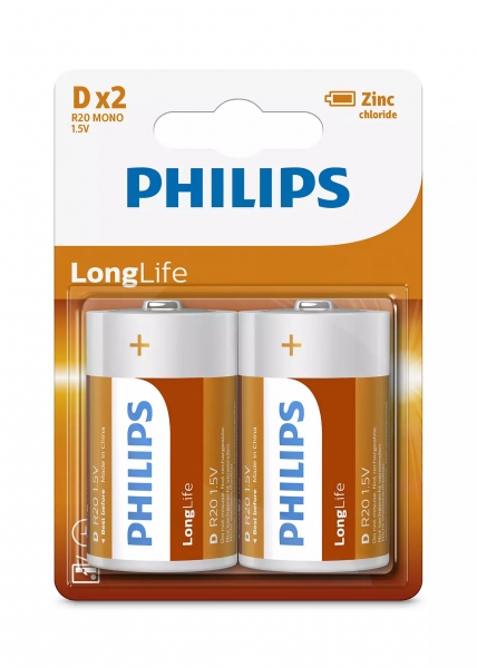 Батарейки циліндричні лужні R20L2B10 PHILIPS